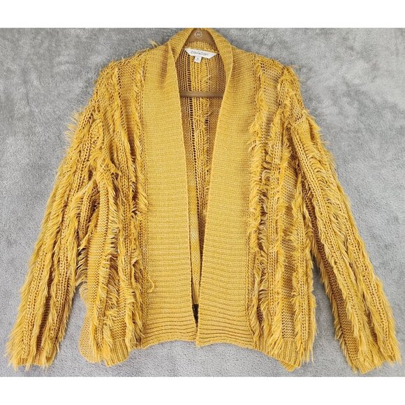 Davi & Dani Sweaters - Davi & Dani Cardigan Womens Medium Yellow Fringed Long Sleeve Open Front Sweater